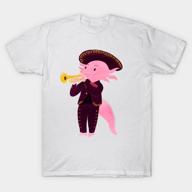Axolotl with mariachi costume playing the trumpet, Digital Art illustration T-Shirt by KookyAngie